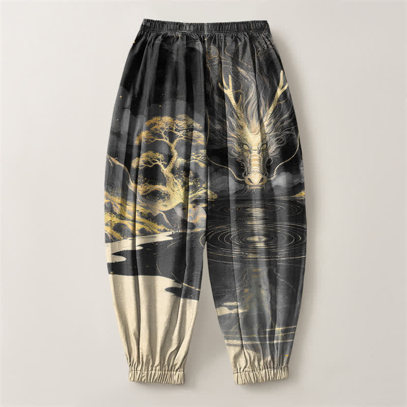 Buddha Stones Pantalones harem para hombre de algodón puro con estampado de paisaje de dragón dorado, cordón ajustable y bolsillos. - image 8