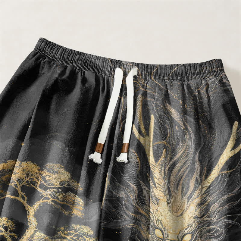 Buddha Stones Pantalones harem para hombre de algodón puro con estampado de paisaje de dragón dorado, cordón ajustable y bolsillos. - image 9