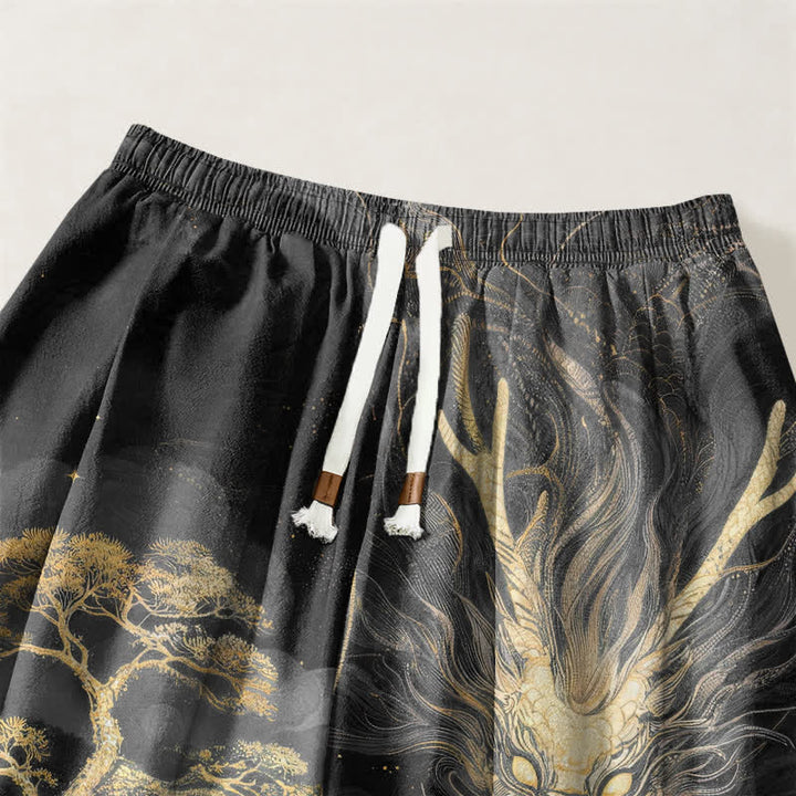 Buddha Stones Pantalones harem para hombre de algodón puro con estampado de paisaje de dragón dorado, cordón ajustable y bolsillos. - image 9