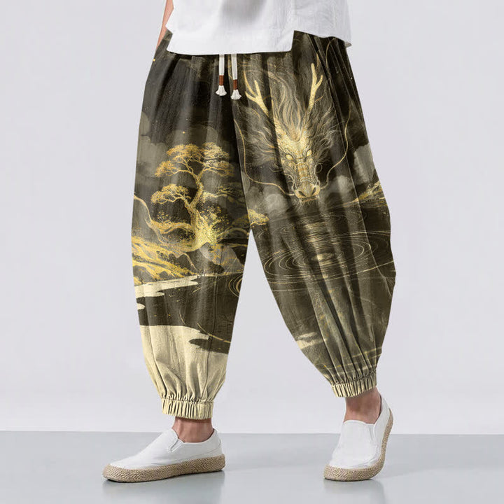 Buddha Stones Pantalones harem para hombre de algodón puro con estampado de paisaje de dragón dorado, cordón ajustable y bolsillos. - Verde oliva oscuro - US/UK/AU50, EU60 (5XL) - image 12