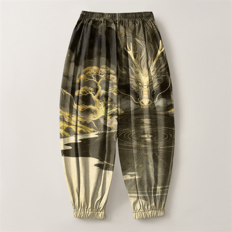 Buddha Stones Pantalones harem para hombre de algodón puro con estampado de paisaje de dragón dorado, cordón ajustable y bolsillos. - image 14
