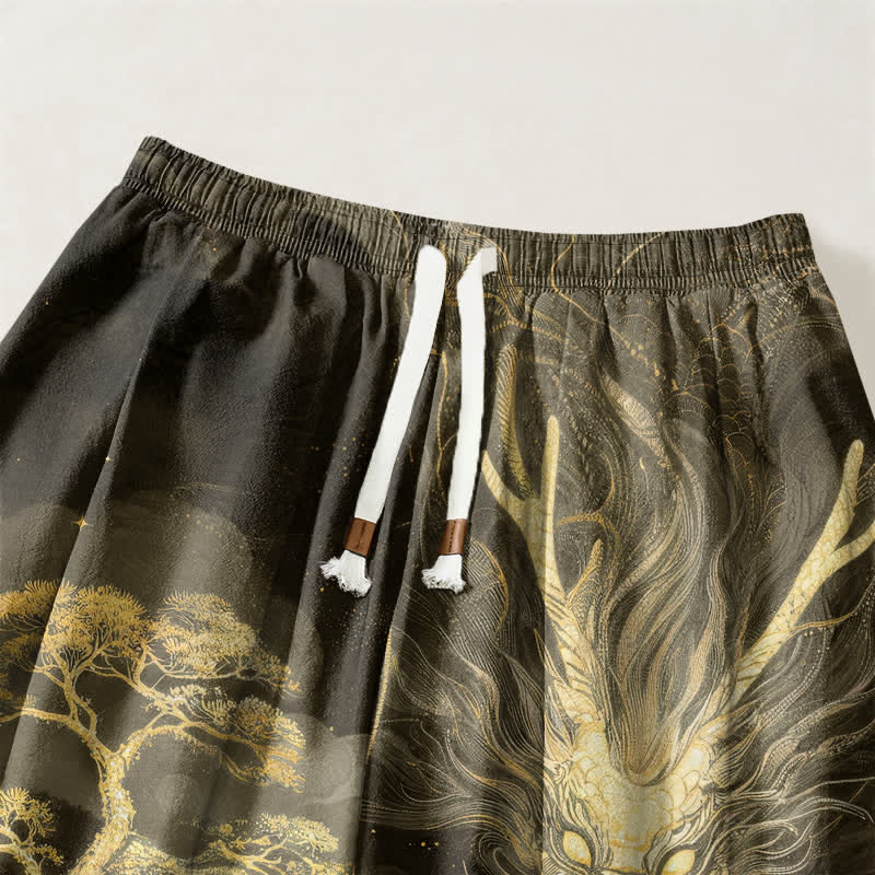 Buddha Stones Pantalones harem para hombre de algodón puro con estampado de paisaje de dragón dorado, cordón ajustable y bolsillos. - image 15