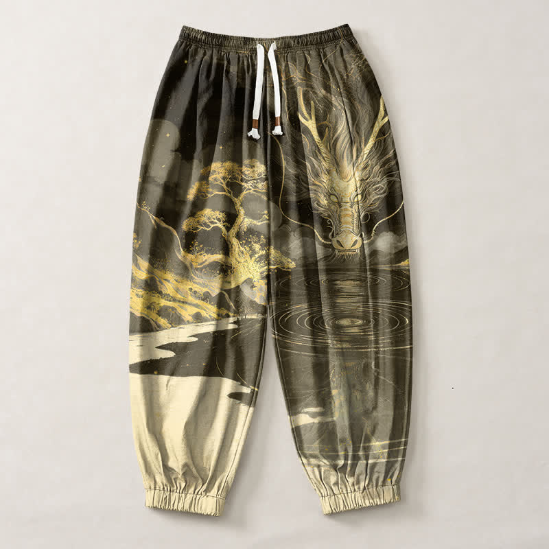 Buddha Stones Pantalones harem para hombre de algodón puro con estampado de paisaje de dragón dorado, cordón ajustable y bolsillos. - image 13