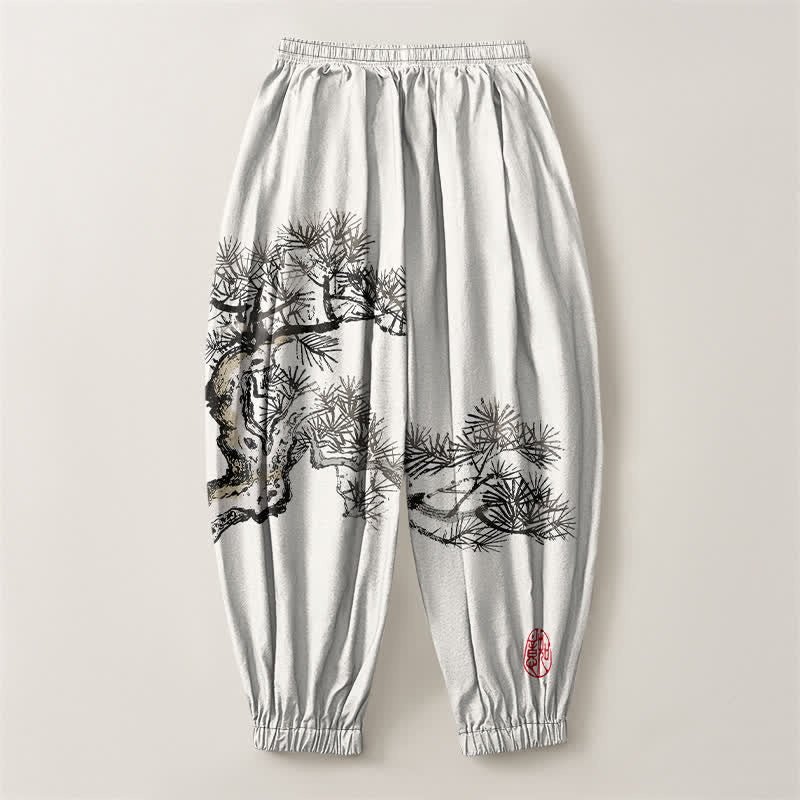 Buddha Stones Pantalones harem para hombre de algodón puro con estampado de pinos y cordón ajustable, con bolsillos. - image 2