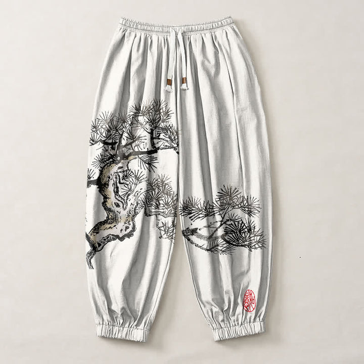 Buddha Stones Pantalones harem para hombre de algodón puro con estampado de pinos y cordón ajustable, con bolsillos. - image 1