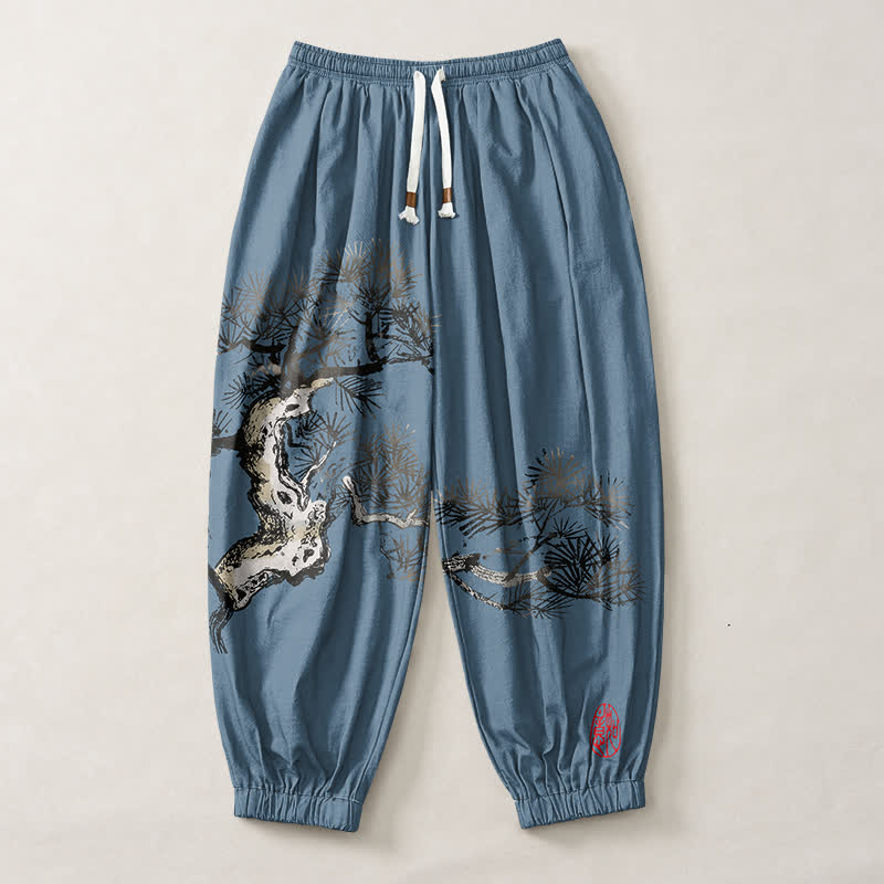 Buddha Stones Pantalones harem para hombre de algodón puro con estampado de pinos y cordón ajustable, con bolsillos. - image 7