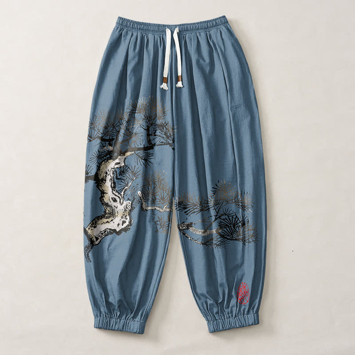 Buddha Stones Pantalones harem para hombre de algodón puro con estampado de pinos y cordón ajustable, con bolsillos. - image 7