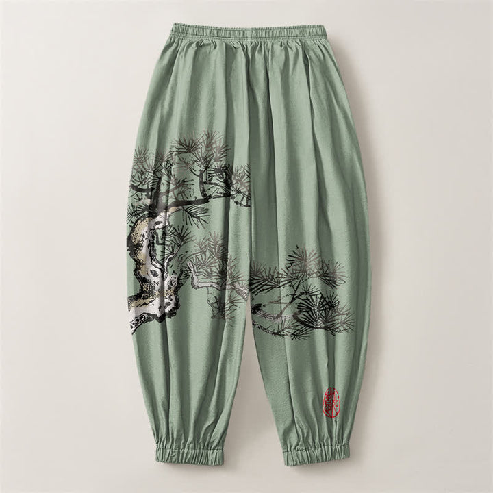 Buddha Stones Pantalones harem para hombre de algodón puro con estampado de pinos y cordón ajustable, con bolsillos. - image 14