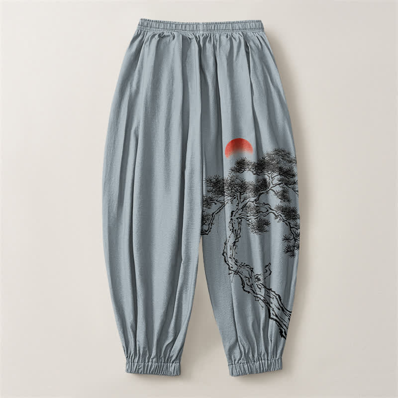 Buddha Stones Pantalones harem para hombre de algodón puro con estampado de pino y sol, cordón ajustable y bolsillos. - image 8