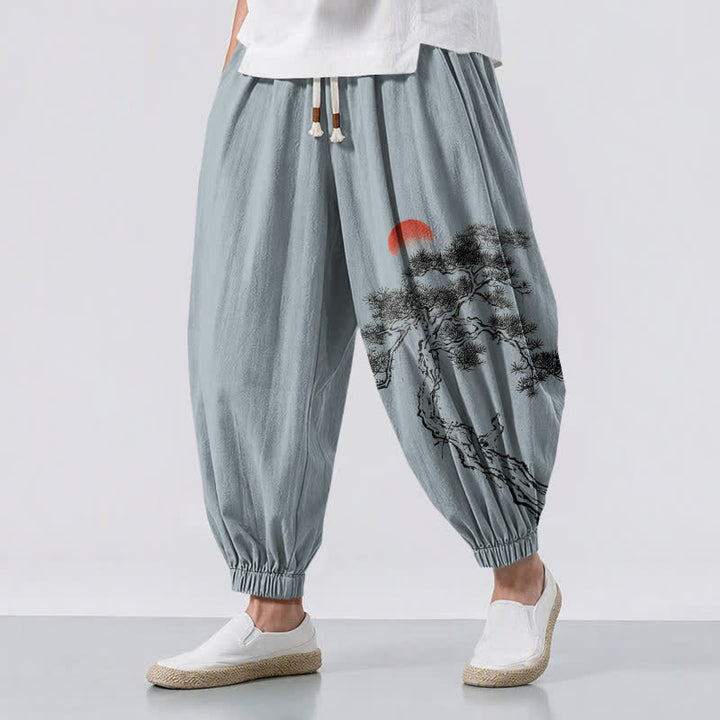 Buddha Stones Pantalones harem para hombre de algodón puro con estampado de pino y sol, cordón ajustable y bolsillos. - Azul acero claro - US/UK/AU50, EU60 (5XL) - image 6