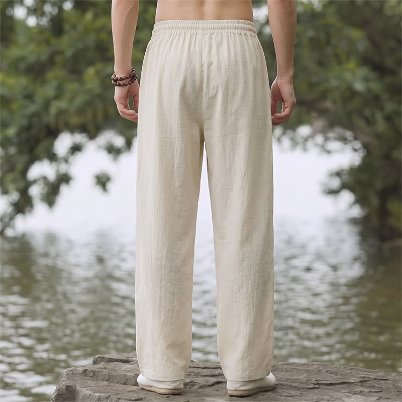 Buddha Stones Pantalones largos de hombre de corte recto, estilo minimalista clásico de primavera/verano, con cordón ajustable y bolsillos. - image 1