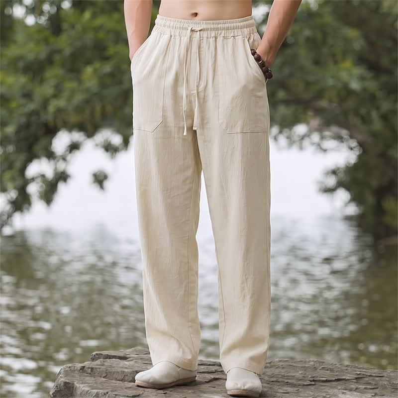 Buddha Stones Pantalones largos de hombre de corte recto, estilo minimalista clásico de primavera/verano, con cordón ajustable y bolsillos. - Beige - US/UK/AU44, EU54 (3XL) - image 0