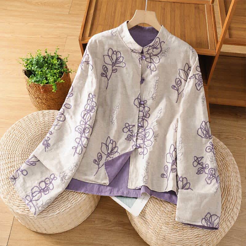 Buddha Stones Camisas de manga larga para mujer con bolsillos, diseño reversible, estilo vintage Tang, con bordado de rana y botones florales. - Lavanda - US8-10，UK/AU12-14，EU40-42 (2XL) - image 0