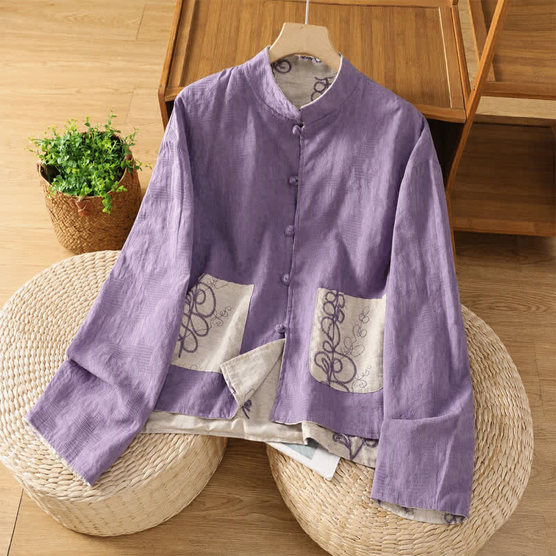 Buddha Stones Camisas de manga larga para mujer con bolsillos, diseño reversible, estilo vintage Tang, con bordado de rana y botones florales. - image 1