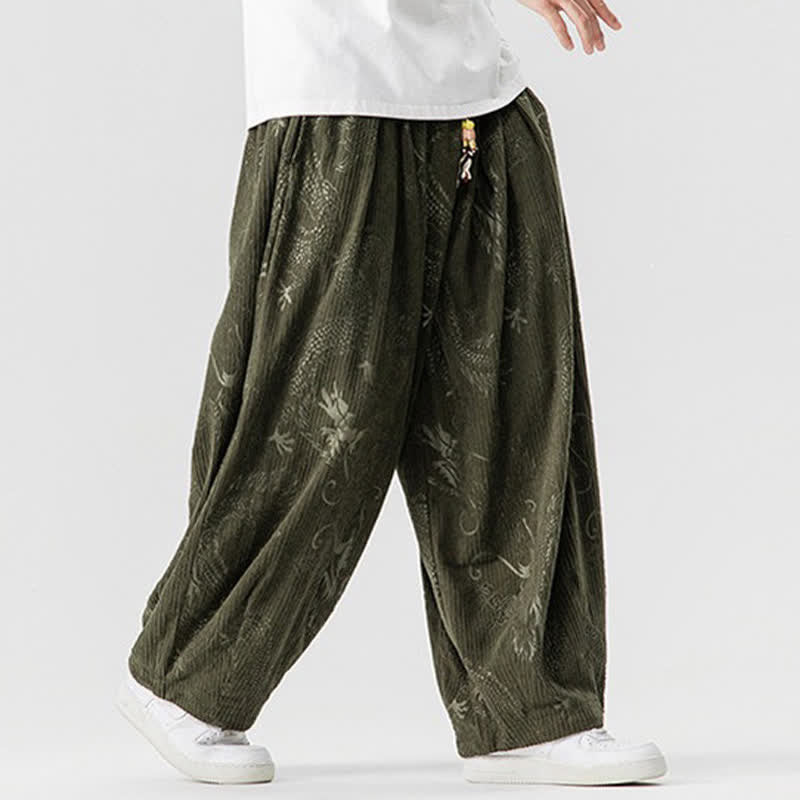 Buddha Stones Pantalones largos de pana estilo harem para hombre, con cordón ajustable y estampado de dragón, estilo vintage, ideales para otoño e invierno. - image 1