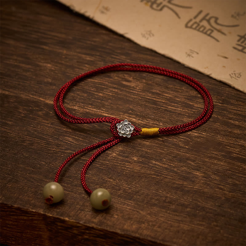 Buddha Stones Pulsera vintage de plata de ley 925 Lotus Purity con hilo rojo trenzado. - Loto (Circunferencia de la muñeca: 5,5–7,1 pulgadas/14–18 cm) - image 0