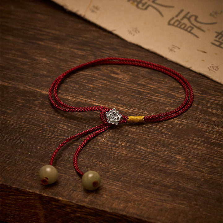Buddha Stones Pulsera vintage de plata de ley 925 Lotus Purity con hilo rojo trenzado. - Loto (Circunferencia de la muñeca: 5,5–7,1 pulgadas/14–18 cm) - image 0