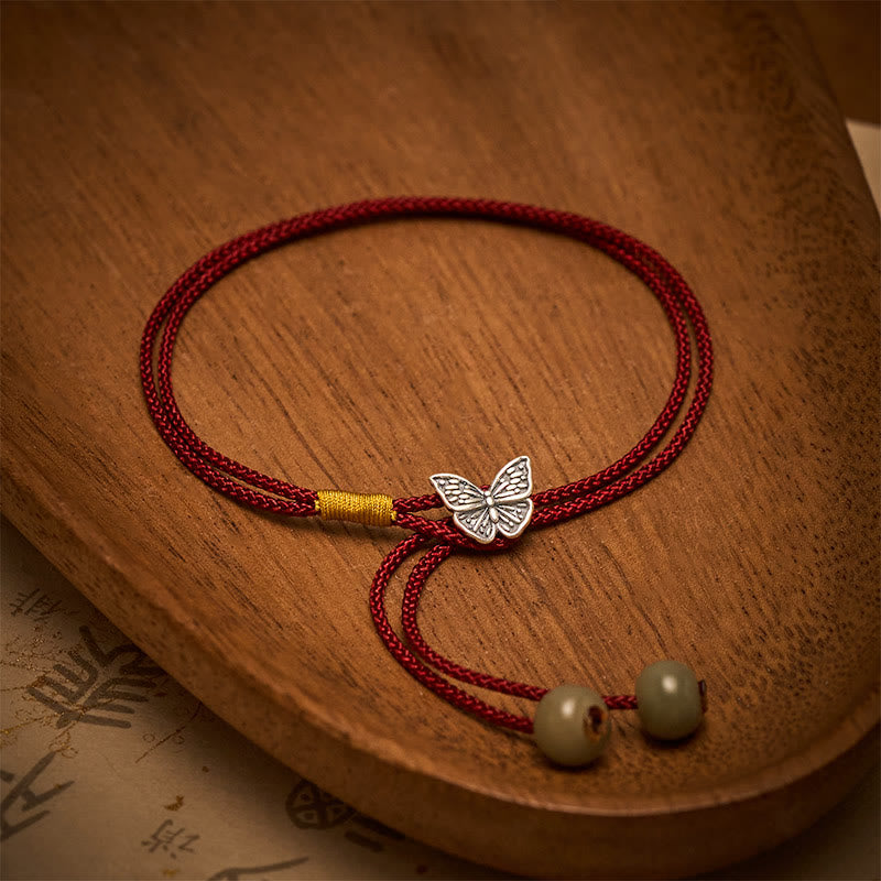 Buddha Stones Pulsera vintage de plata de ley 925 con diseño de mariposa y cordón trenzado rojo. - image 1