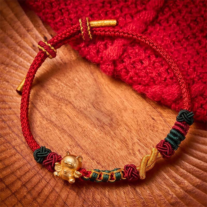 Buddha Stones Pulsera de protección con hilo rojo tejido a mano y diseño de gato de la suerte. - Cuerda roja - image 4