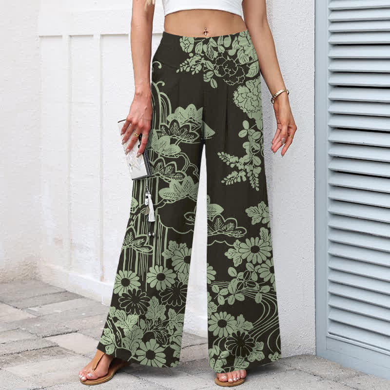 Buddha Stones Pantalones de mujer de lino y algodón con estampado floral vintage, cintura elástica, pernera ancha y bolsillos. - image 1