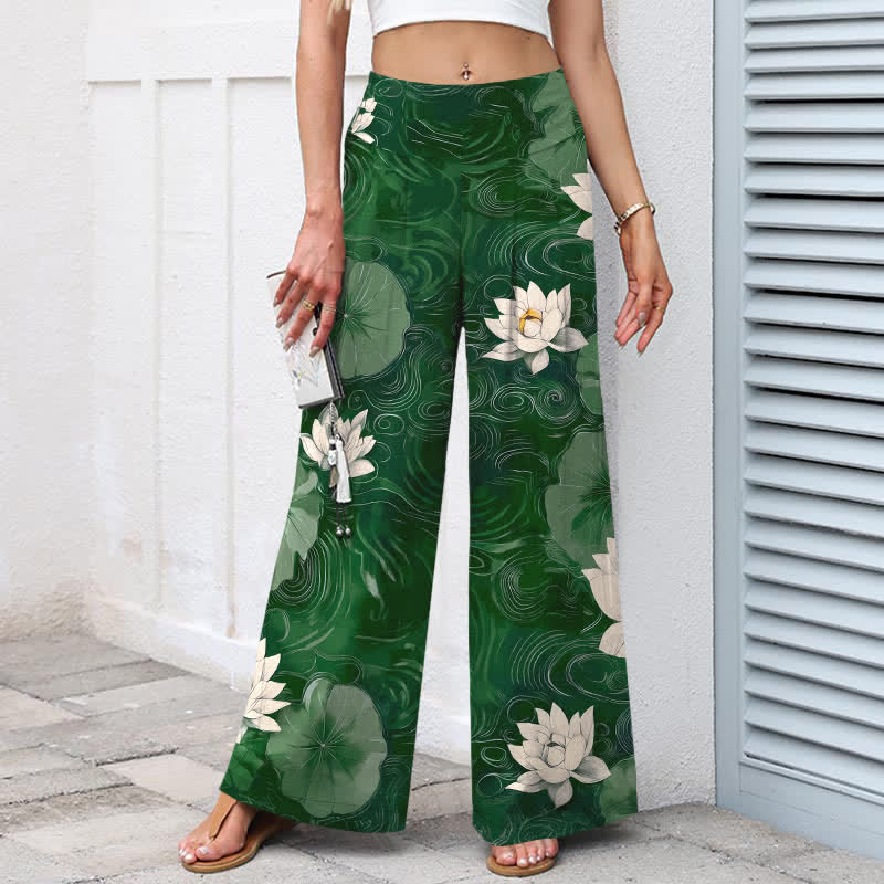 Buddha Stones Pantalones de mujer de algodón y lino con estampado floral de hojas de loto, cintura elástica y pernera ancha con bolsillos. - image 1