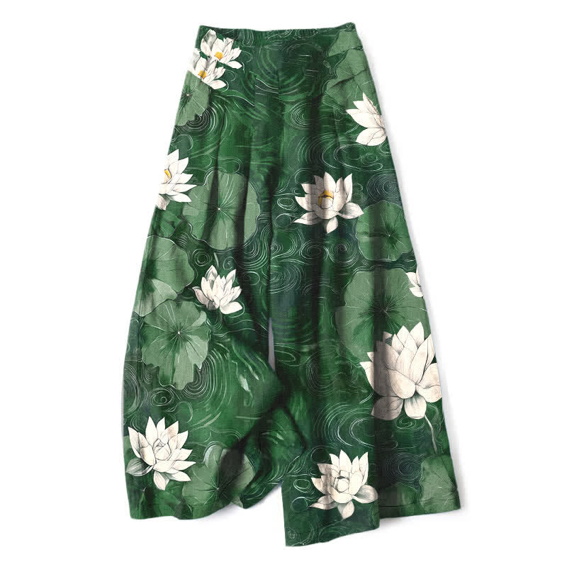Buddha Stones Pantalones de mujer de algodón y lino con estampado floral de hojas de loto, cintura elástica y pernera ancha con bolsillos. - Verdemar - US16，UK/AU20，EU48 (3XL) - image 0