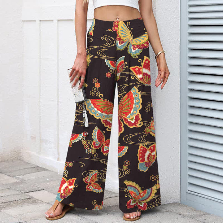 Buddha Stones Pantalones de mujer de lino y algodón con estampado de mariposas de colores, cintura elástica y pernera ancha con bolsillos. - image 1