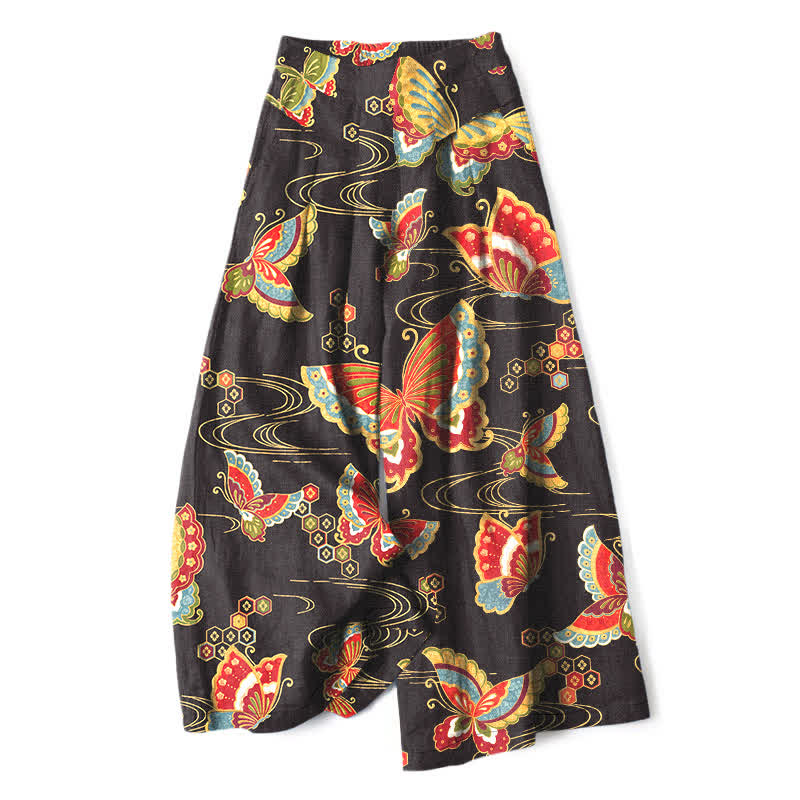 Buddha Stones Pantalones de mujer de lino y algodón con estampado de mariposas de colores, cintura elástica y pernera ancha con bolsillos. - Negro - US16，UK/AU20，EU48 (3XL) - image 0