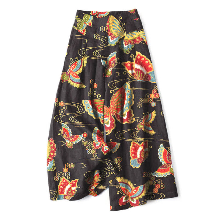 Buddha Stones Pantalones de mujer de lino y algodón con estampado de mariposas de colores, cintura elástica y pernera ancha con bolsillos. - Negro - US16，UK/AU20，EU48 (3XL) - image 0