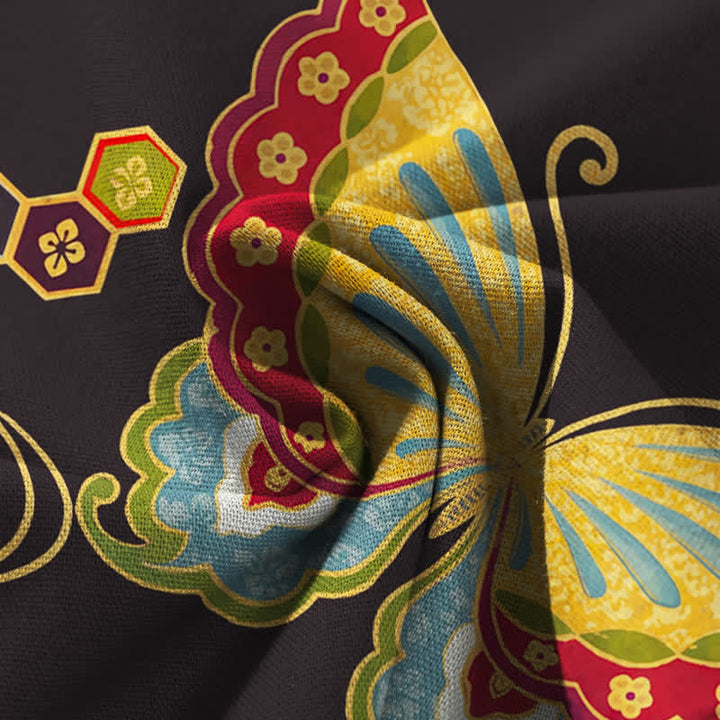 Buddha Stones Pantalones de mujer de lino y algodón con estampado de mariposas de colores, cintura elástica y pernera ancha con bolsillos. - image 3