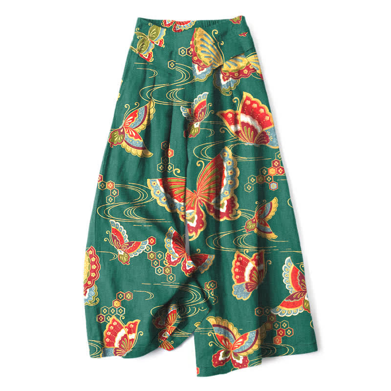 Buddha Stones Pantalones de mujer de lino y algodón con estampado de mariposas de colores, cintura elástica y pernera ancha con bolsillos. - Verde azulado - US16，UK/AU20，EU48 (3XL) - image 4