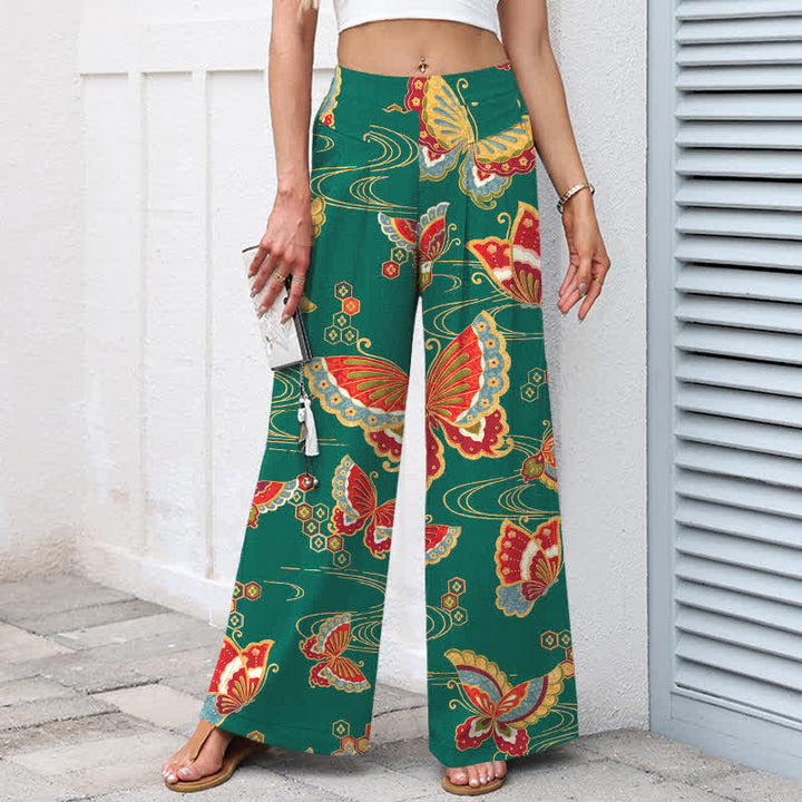 Buddha Stones Pantalones de mujer de lino y algodón con estampado de mariposas de colores, cintura elástica y pernera ancha con bolsillos. - image 5