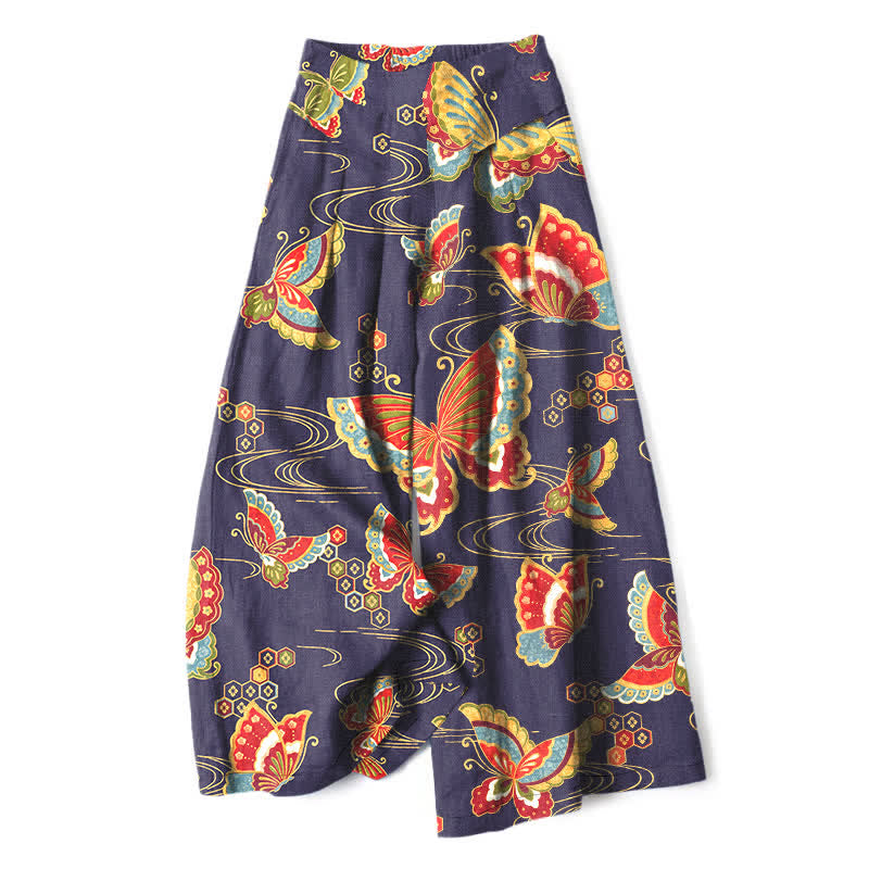 Buddha Stones Pantalones de mujer de lino y algodón con estampado de mariposas de colores, cintura elástica y pernera ancha con bolsillos. - Índigo - US16，UK/AU20，EU48 (3XL) - image 6