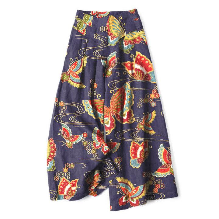 Buddha Stones Pantalones de mujer de lino y algodón con estampado de mariposas de colores, cintura elástica y pernera ancha con bolsillos. - Índigo - US16，UK/AU20，EU48 (3XL) - image 6