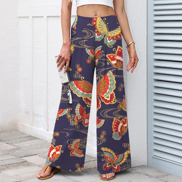 Buddha Stones Pantalones de mujer de lino y algodón con estampado de mariposas de colores, cintura elástica y pernera ancha con bolsillos. - image 7