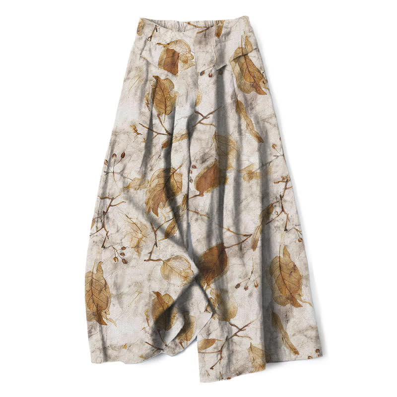 Buddha Stones Pantalones de mujer de lino y algodón con estampado botánico de hojas, cintura elástica y pernera ancha con bolsillos. - Beige - US16，UK/AU20，EU48 (3XL) - image 0