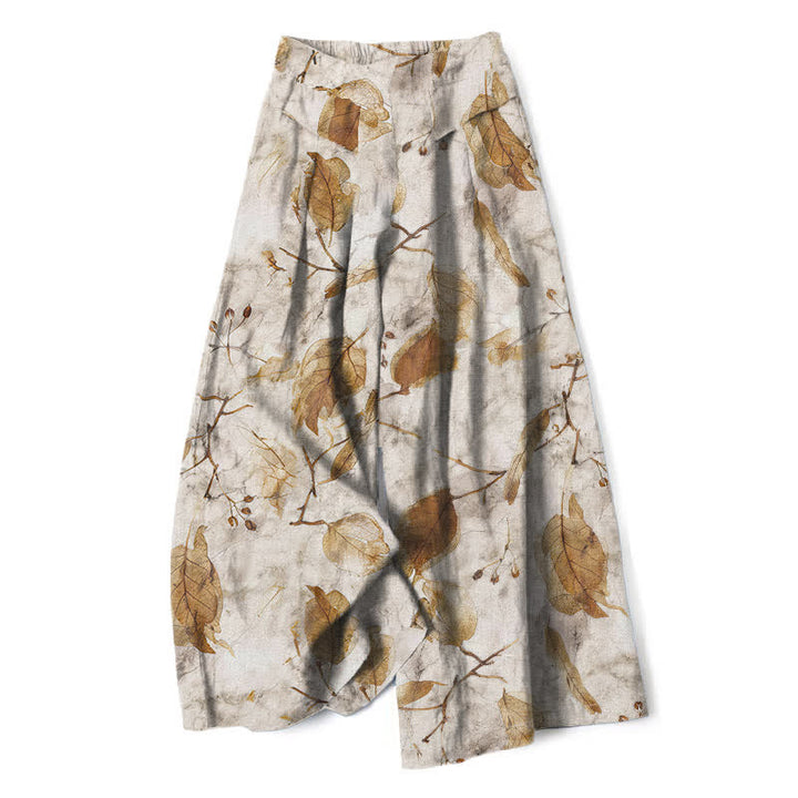 Buddha Stones Pantalones de mujer de lino y algodón con estampado botánico de hojas, cintura elástica y pernera ancha con bolsillos. - Beige - US16，UK/AU20，EU48 (3XL) - image 0