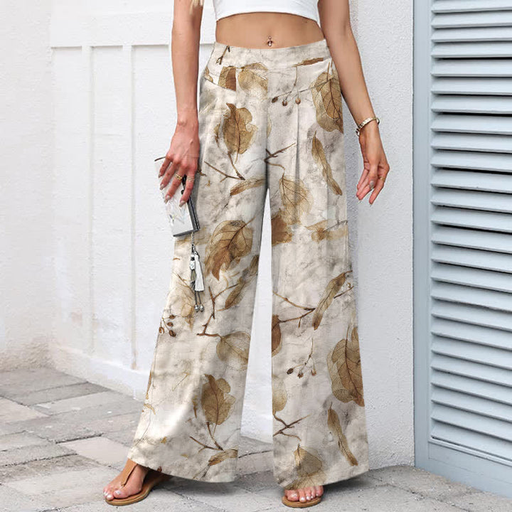Buddha Stones Pantalones de mujer de lino y algodón con estampado botánico de hojas, cintura elástica y pernera ancha con bolsillos. - image 1