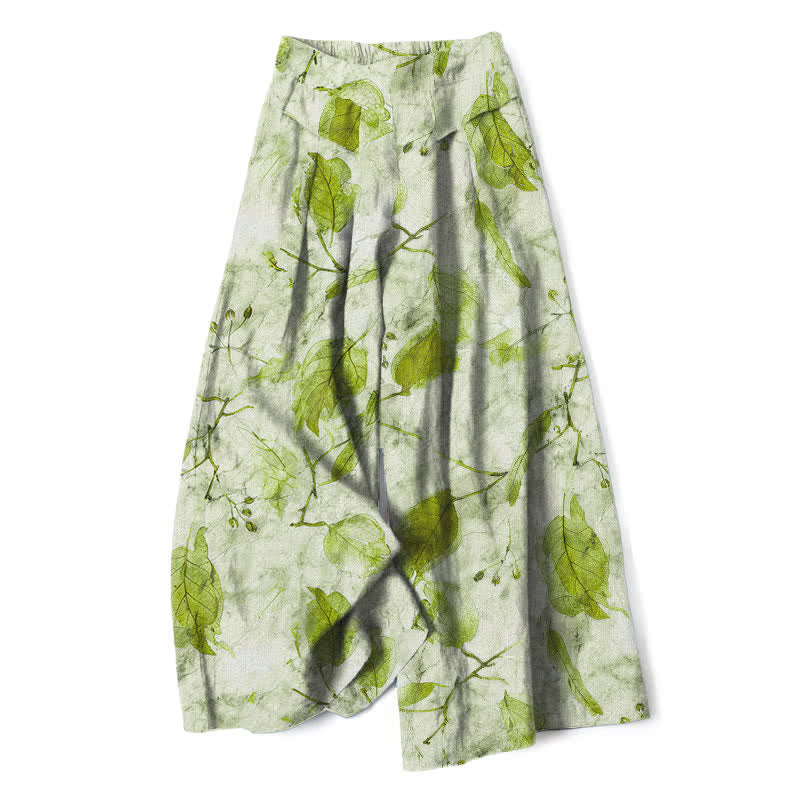 Buddha Stones Pantalones de mujer de lino y algodón con estampado botánico de hojas, cintura elástica y pernera ancha con bolsillos. - Verde pálido - US16，UK/AU20，EU48 (3XL) - image 4