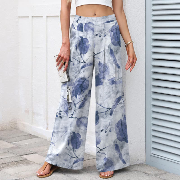 Buddha Stones Pantalones de mujer de lino y algodón con estampado botánico de hojas, cintura elástica y pernera ancha con bolsillos. - image 7
