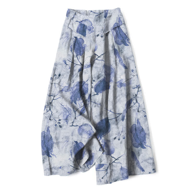 Buddha Stones Pantalones de mujer de lino y algodón con estampado botánico de hojas, cintura elástica y pernera ancha con bolsillos. - Azul acero claro - US16，UK/AU20，EU48 (3XL) - image 6