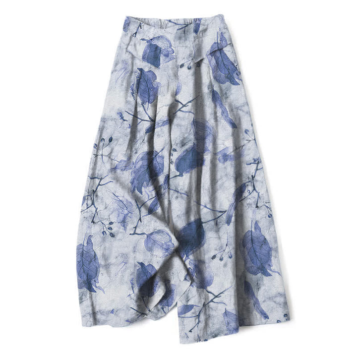 Buddha Stones Pantalones de mujer de lino y algodón con estampado botánico de hojas, cintura elástica y pernera ancha con bolsillos. - Azul acero claro - US16，UK/AU20，EU48 (3XL) - image 6