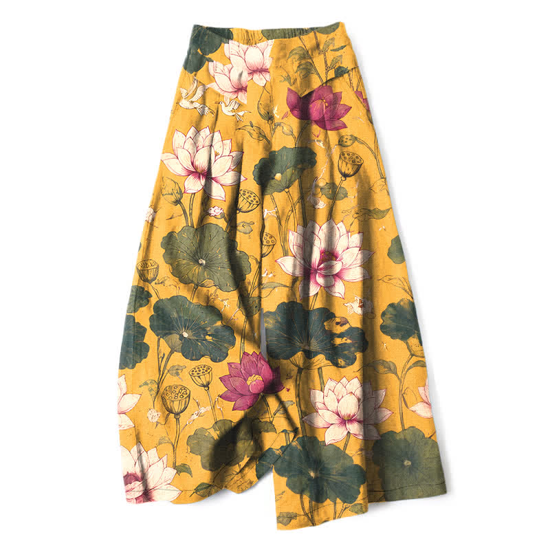 Buddha Stones Pantalones de mujer de lino y algodón con estampado de flores de loto tropicales, cintura elástica y pernera ancha con bolsillos. - vara de oro - US16，UK/AU20，EU48 (3XL) - image 0