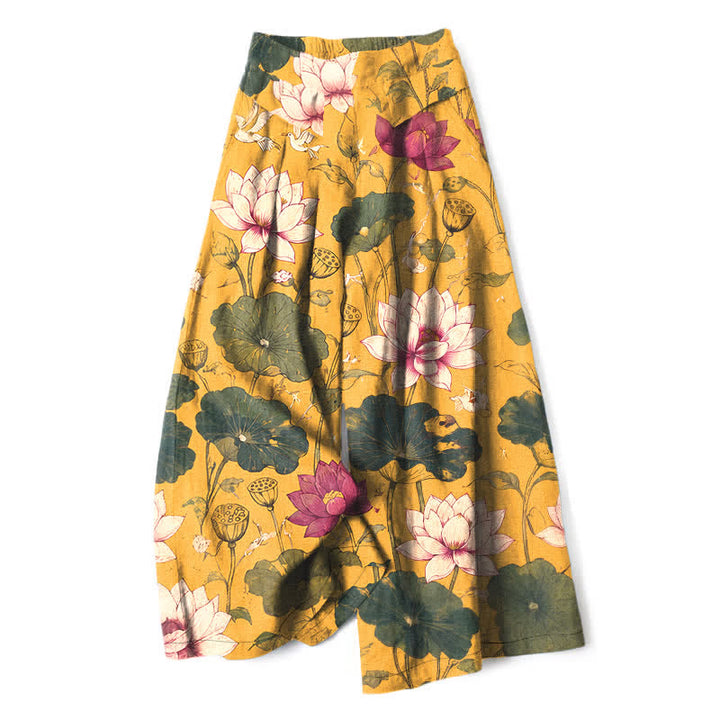 Buddha Stones Pantalones de mujer de lino y algodón con estampado de flores de loto tropicales, cintura elástica y pernera ancha con bolsillos. - vara de oro - US16，UK/AU20，EU48 (3XL) - image 0