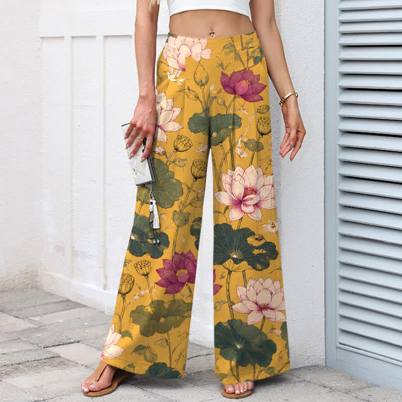 Buddha Stones Pantalones de mujer de lino y algodón con estampado de flores de loto tropicales, cintura elástica y pernera ancha con bolsillos. - image 1