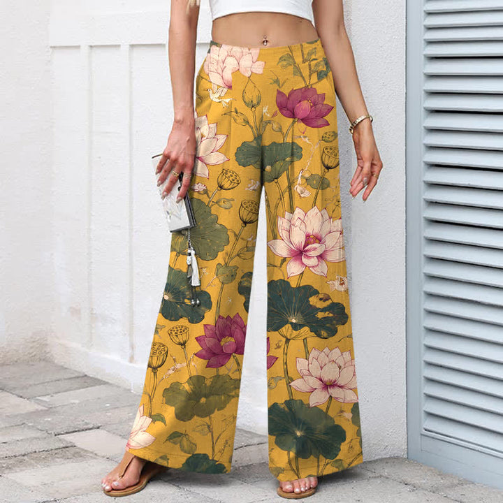 Buddha Stones Pantalones de mujer de lino y algodón con estampado de flores de loto tropicales, cintura elástica y pernera ancha con bolsillos. - image 1