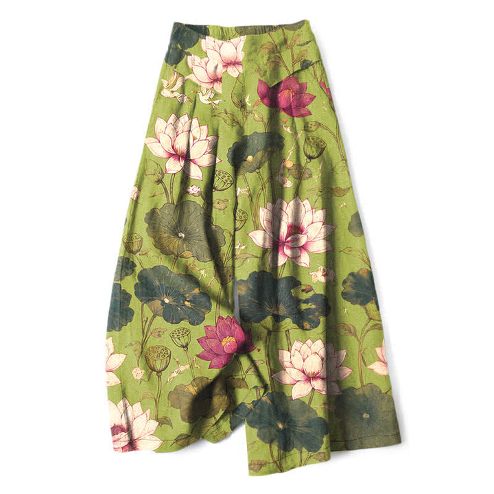 Buddha Stones Pantalones de mujer de lino y algodón con estampado de flores de loto tropicales, cintura elástica y pernera ancha con bolsillos. - Verde amarillento - US16，UK/AU20，EU48 (3XL) - image 4