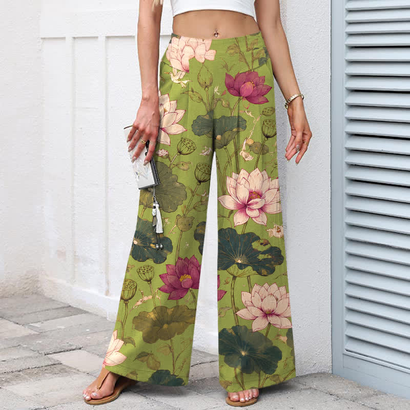 Buddha Stones Pantalones de mujer de lino y algodón con estampado de flores de loto tropicales, cintura elástica y pernera ancha con bolsillos. - image 5
