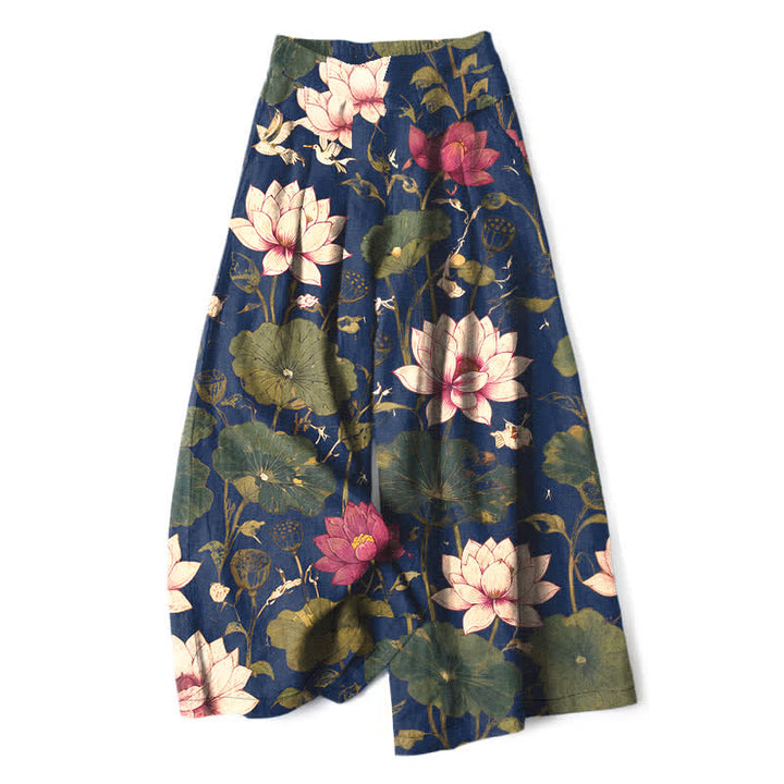 Buddha Stones Pantalones de mujer de lino y algodón con estampado de flores de loto tropicales, cintura elástica y pernera ancha con bolsillos. - Marina de guerra - US16，UK/AU20，EU48 (3XL) - image 6