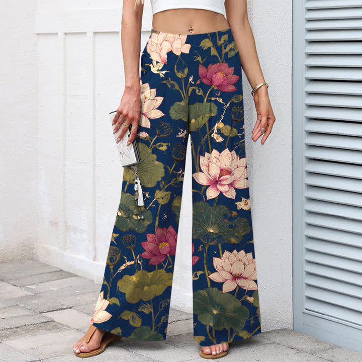 Buddha Stones Pantalones de mujer de lino y algodón con estampado de flores de loto tropicales, cintura elástica y pernera ancha con bolsillos. - image 7
